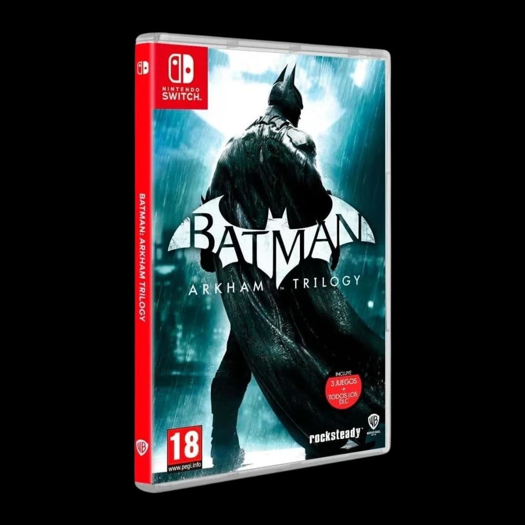 Videojogo Warner Bros. Games Batman Arkham Trilogy Nintendo Switch, vista frontal: caixa com Batman de costas sob chuva