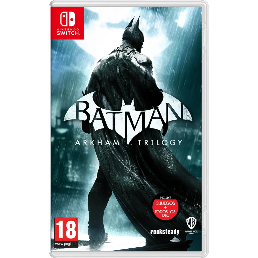 Videojogo Warner Bros. Games Batman Arkham Trilogy Nintendo Switch, detalhe: capa frontal com Batman de costas sob a chuva