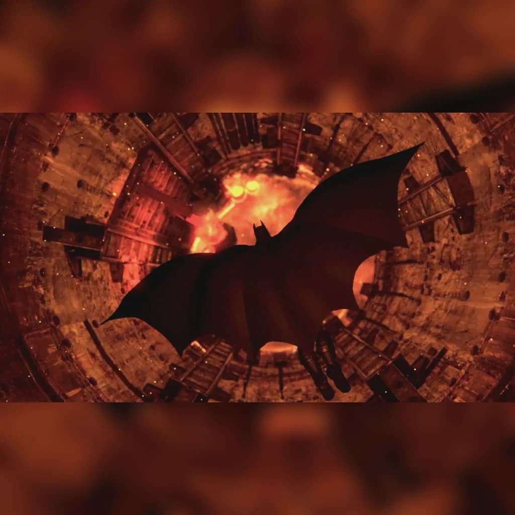 Videojogo Warner Bros. Games Batman Arkham Trilogy Nintendo Switch, em uso: silhueta de Batman planando em túnel em chamas
