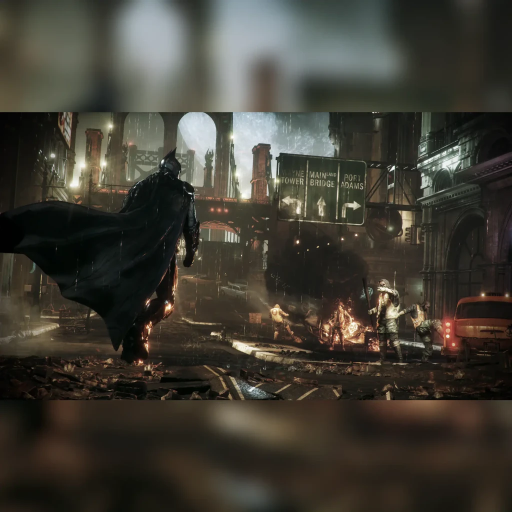 Videojogo Warner Bros. Games Batman Arkham Trilogy Nintendo Switch, em uso: Batman de costas a enfrentar inimigos numa rua