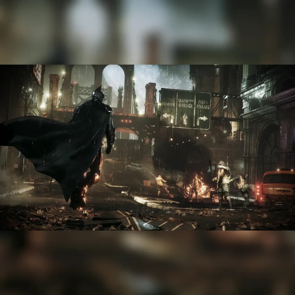 Videojogo Warner Bros. Games Batman Arkham Trilogy Nintendo Switch, em uso: Batman de costas a enfrentar inimigos numa rua