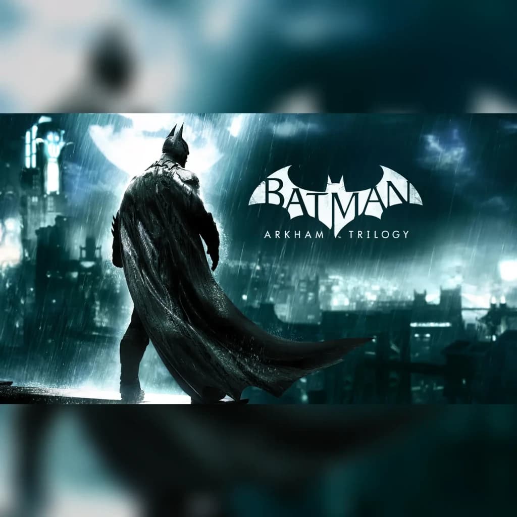 Videojogo Warner Bros. Games Batman Arkham Trilogy Nintendo Switch, em uso: Batman de costas sob chuva sobre Gotham City