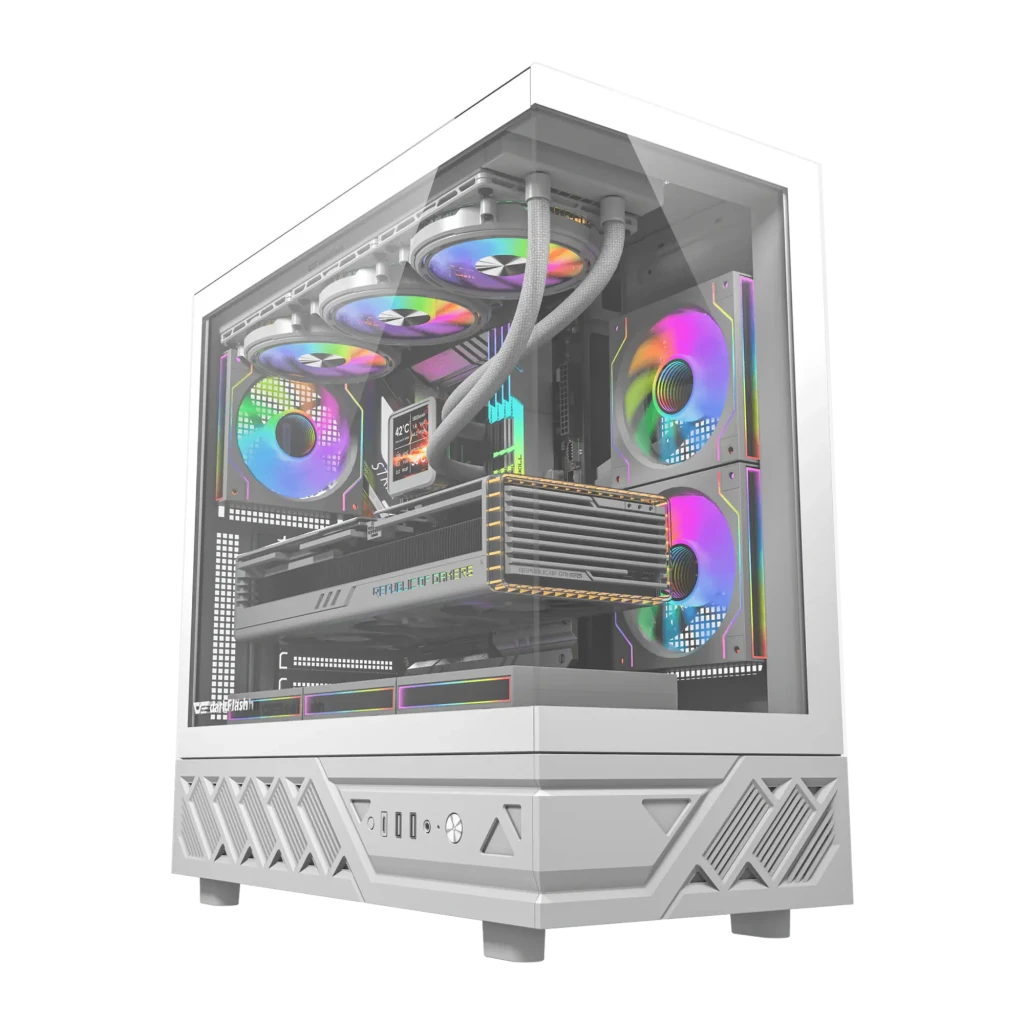 Boîtier PC Darkflash DS950 Verre Trempé 270° ATX 6 Ventilateurs 120mm Blanc, détail: intérieur avec ventilateurs RGB