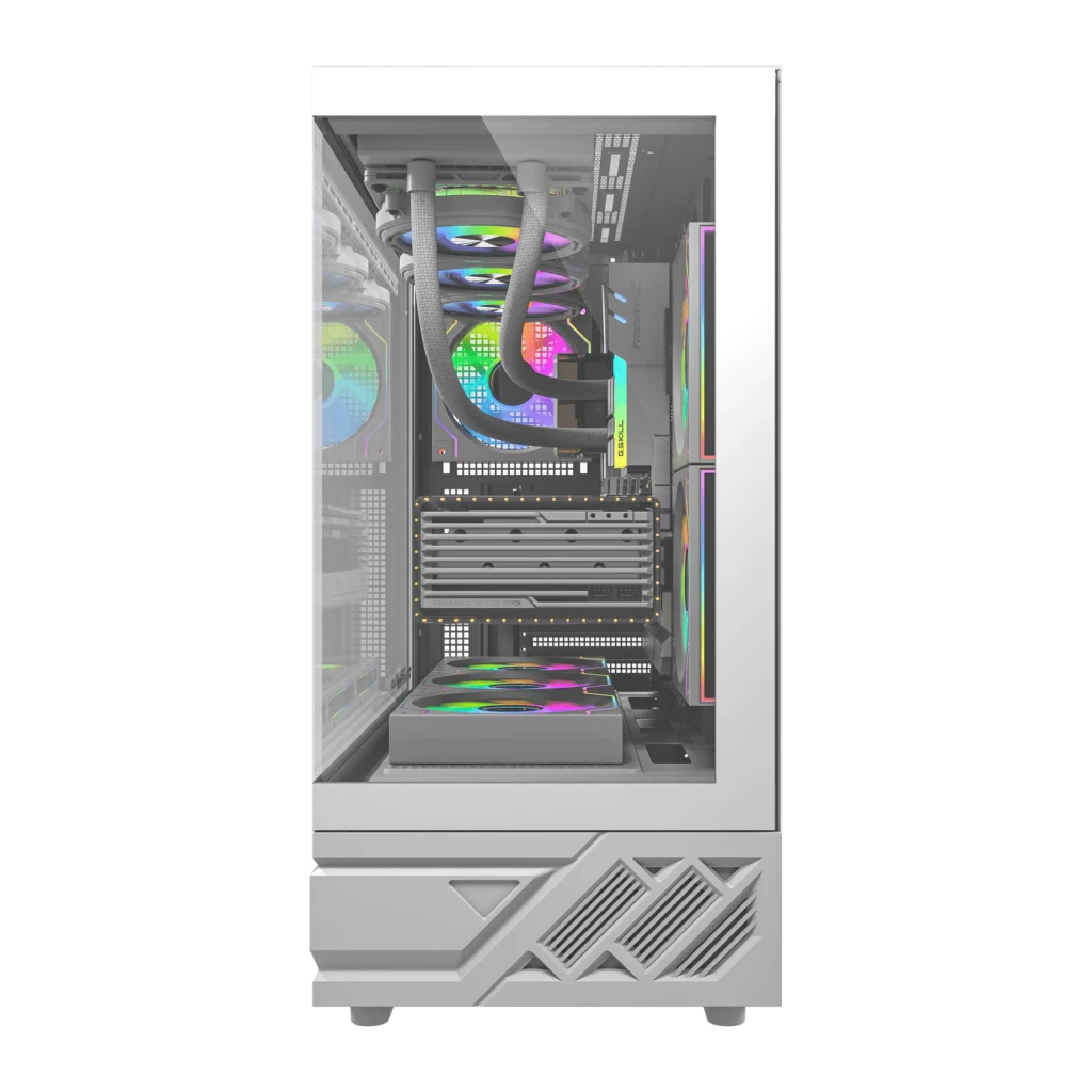 Boîtier PC Darkflash DS950 Verre Trempé 270° ATX 6 Ventilateurs 120mm Blanc, détail: intérieur avec ventilateurs ARGB