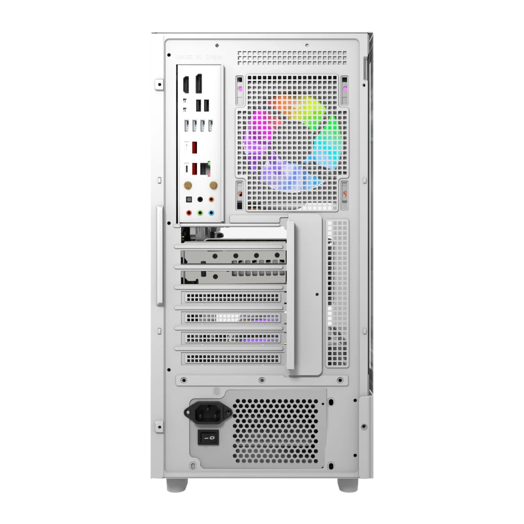 Boîtier PC Darkflash DS950 Verre Trempé 270° ATX 6 Ventilateurs 120mm Blanc, vue arrière: panneau I/O, slots PCIe