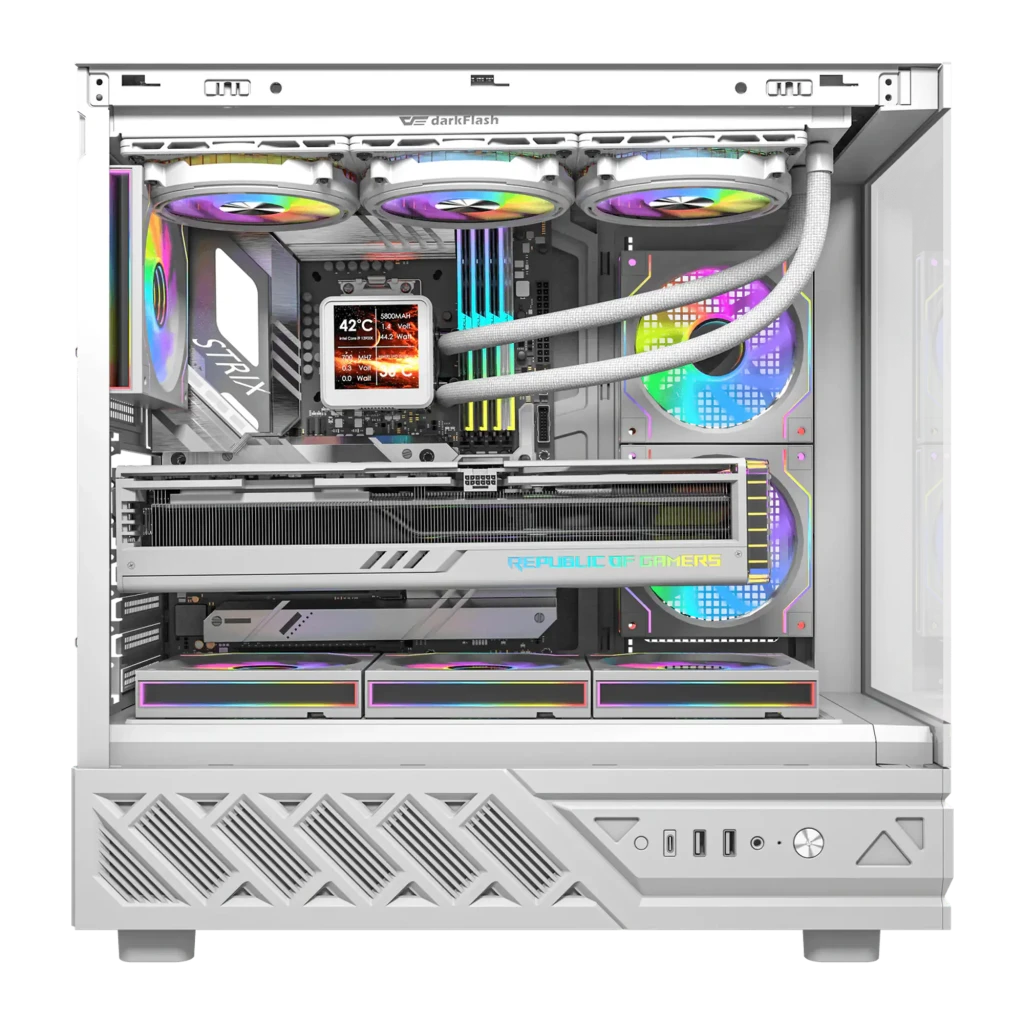 Boîtier PC Darkflash DS950 Verre Trempé 270° ATX 6 Ventilateurs 120mm Blanc, détail intérieur: ventilateurs RGB