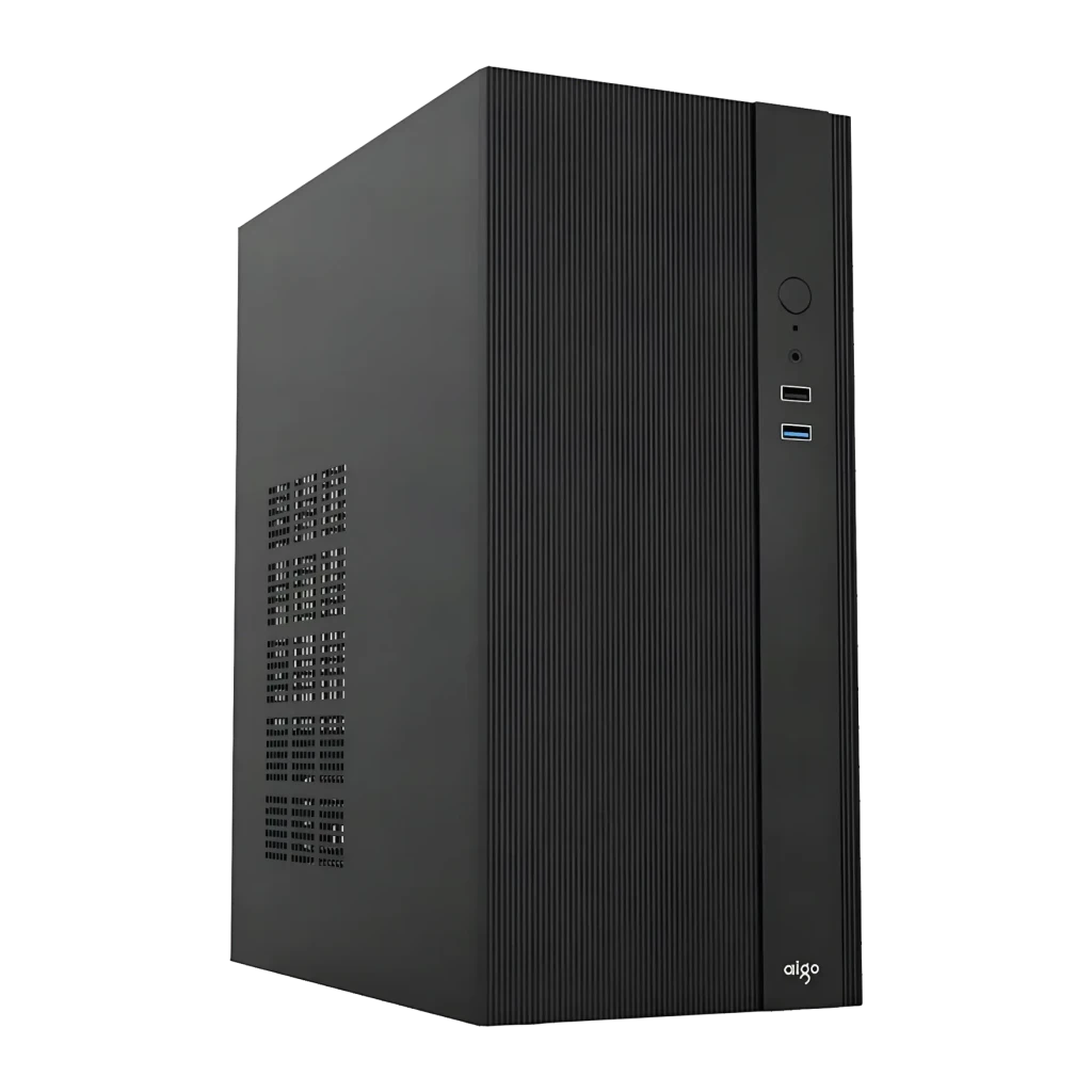 Boîtier PC Darkflash Q15 M-ATX / ITX Noir, vue avant: panneau strié, grilles latérales, bouton d'alimentation et ports USB