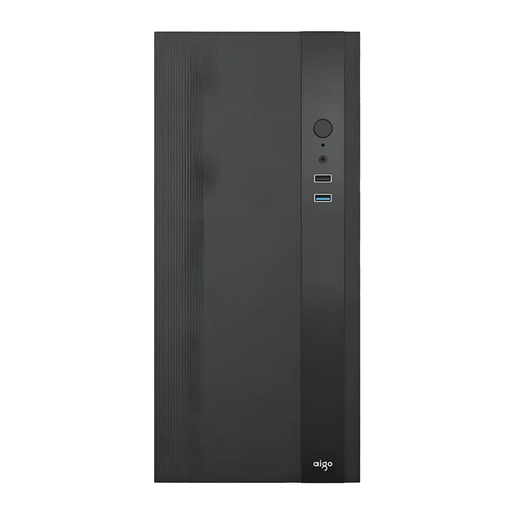 Boîtier PC Darkflash Q15 M-ATX / ITX Noir, détail façade: panneau strié, bouton d'alimentation, USB-A et USB 3.0 bleu