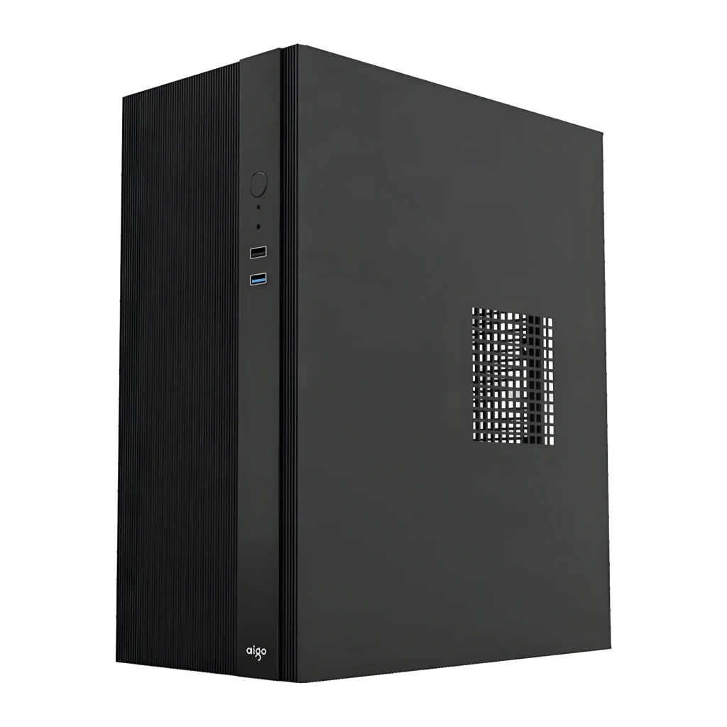 Boîtier PC Darkflash Q15 M-ATX / ITX Noir, détail: panneau avant strié, bouton d'alimentation, ports USB et grille