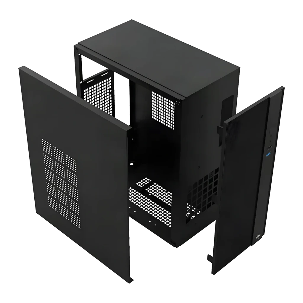 Boîtier PC Darkflash Q15 M-ATX / ITX Noir, détail: panneaux latéraux retirés révélant l'intérieur et les grilles