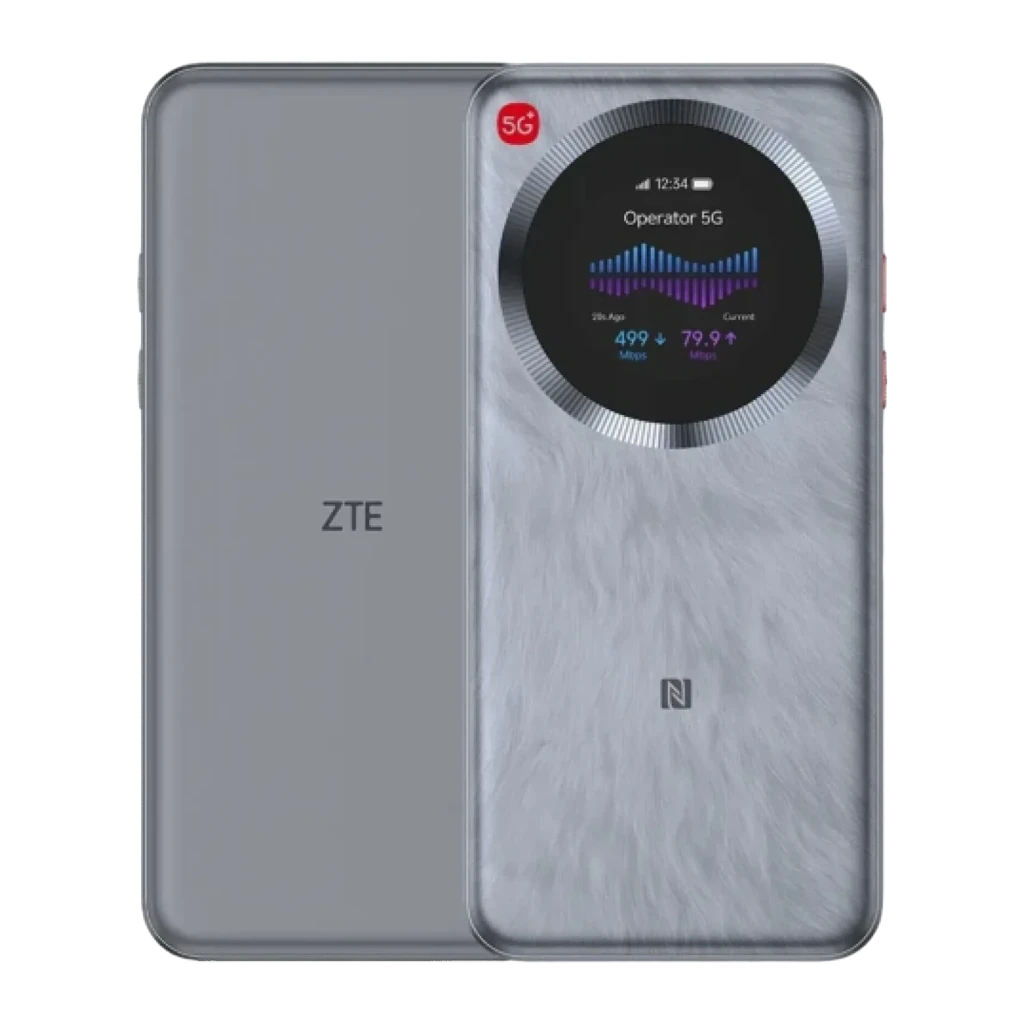 Router móvil ZTE U30 Pro 5G Gris WiFi 6 Doble Banda, vista frontal: pantalla circular con datos de red, textura peluda