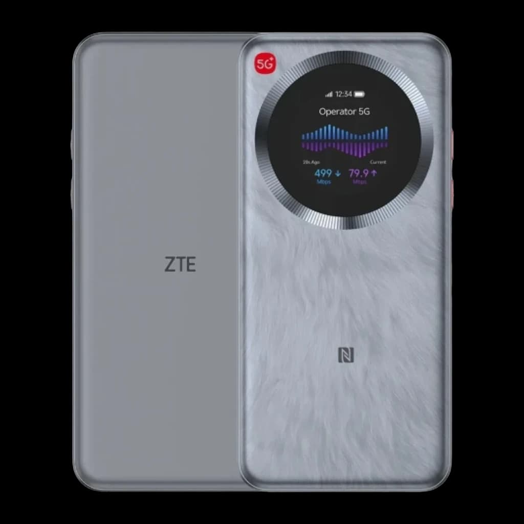Router móvil ZTE U30 Pro 5G Gris WiFi 6 Doble Banda, vista frontal: pantalla circular con datos de red, textura peluda