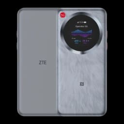 Router móvil ZTE U30 Pro 5G Gris WiFi 6 Doble Banda, vista frontal: pantalla circular con datos de red, textura peluda