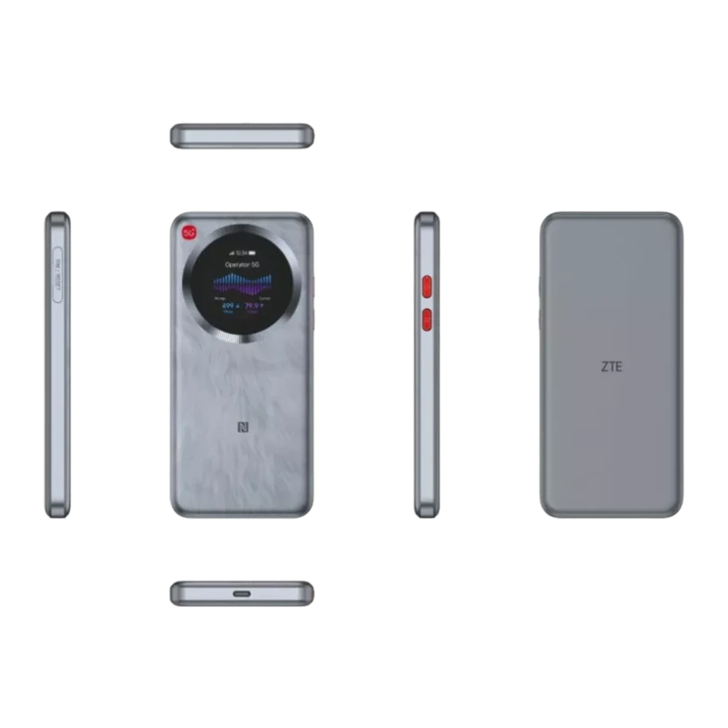 Router móvil ZTE U30 Pro 5G Gris WiFi 6 Doble Banda, vistas múltiples: frontal con pantalla circular, trasera con logo ZTE