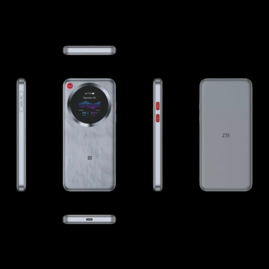 Router móvil ZTE U30 Pro 5G Gris WiFi 6 Doble Banda, vistas múltiples: frontal con pantalla circular, trasera con logo ZTE