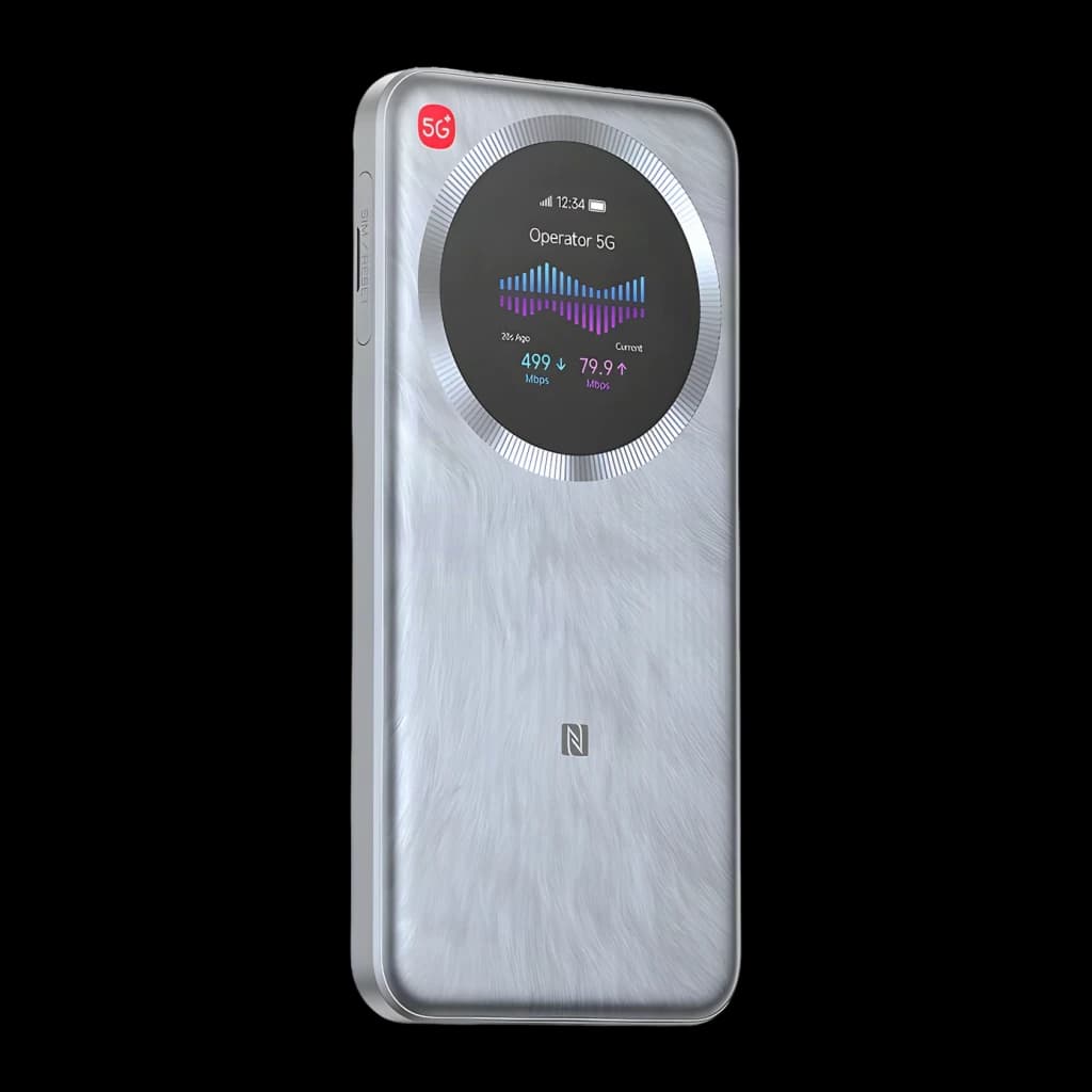 Router móvil ZTE U30 Pro 5G Gris WiFi 6 Doble Banda, vista lateral: pantalla circular con estadísticas de velocidad