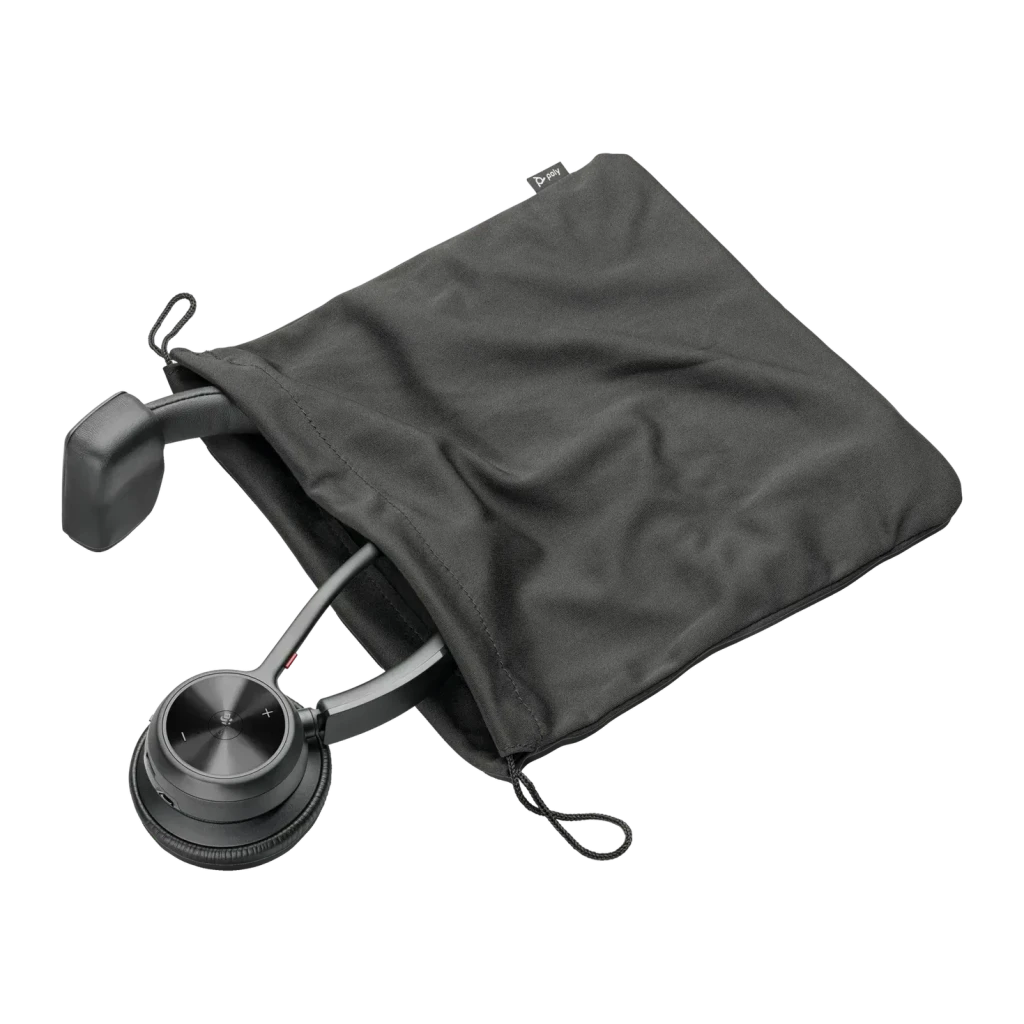 Casque Poly Voyager 4310 Microsoft Teams USB-C Supra-Aural Bluetooth 5.2 24h Noir, détail: pochette tissu noir avec casque