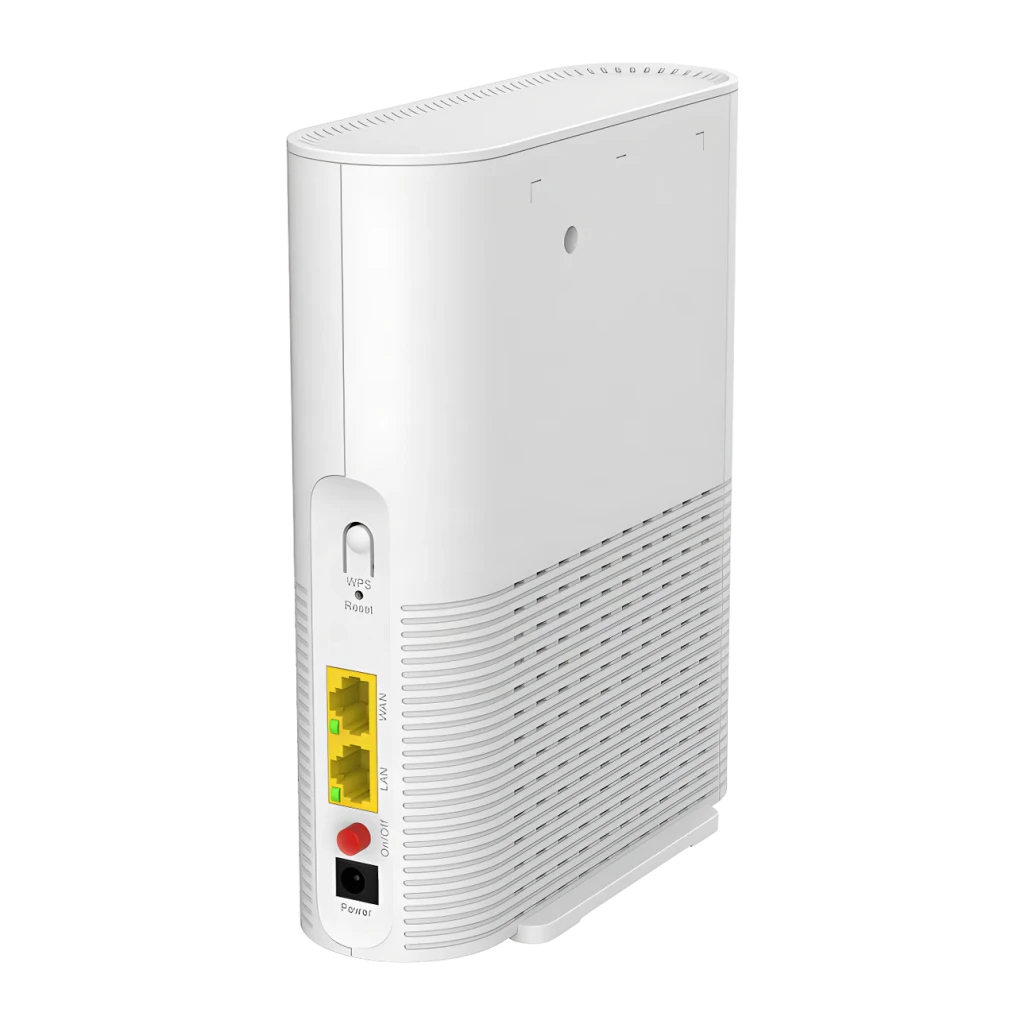 Router ZTE Z3460 Blanco WiFi 7 Triple Banda BE15000, vista trasera lateral: puertos WAN y LAN amarillos, botón WPS