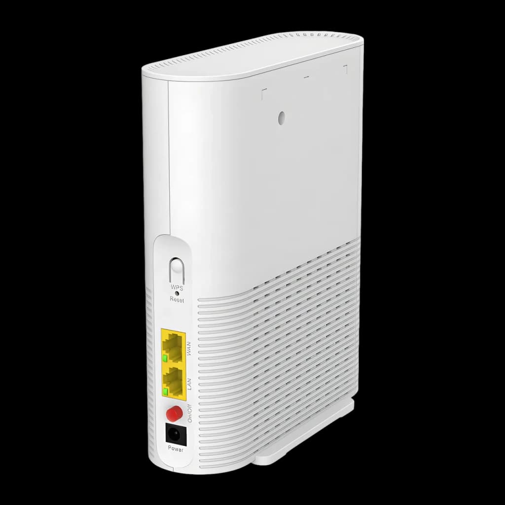 Router ZTE Z3460 Blanco WiFi 7 Triple Banda BE15000, vista trasera lateral: puertos WAN y LAN amarillos, botón WPS