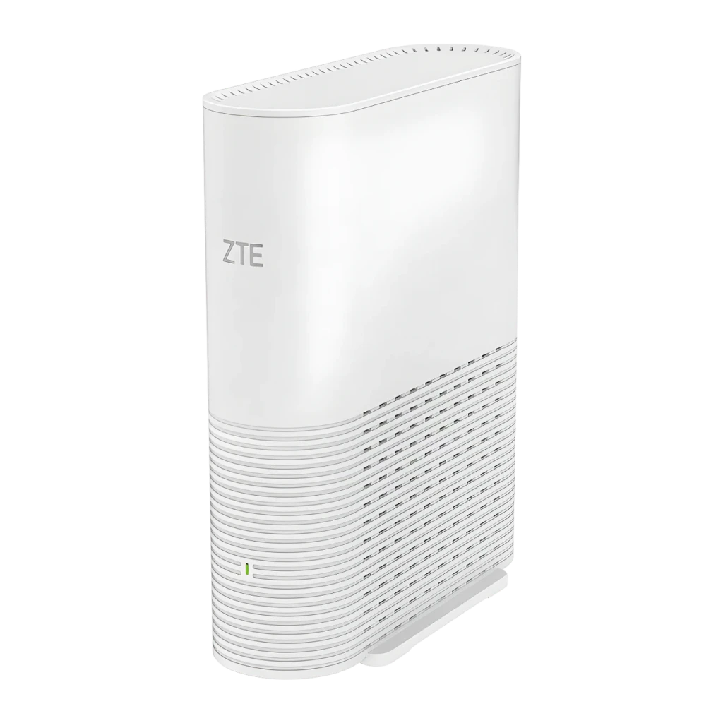 Router ZTE Z3460 Blanco WiFi 7 Triple Banda BE15000, vista lateral: rejillas de ventilación, logo ZTE y LED verde encendido