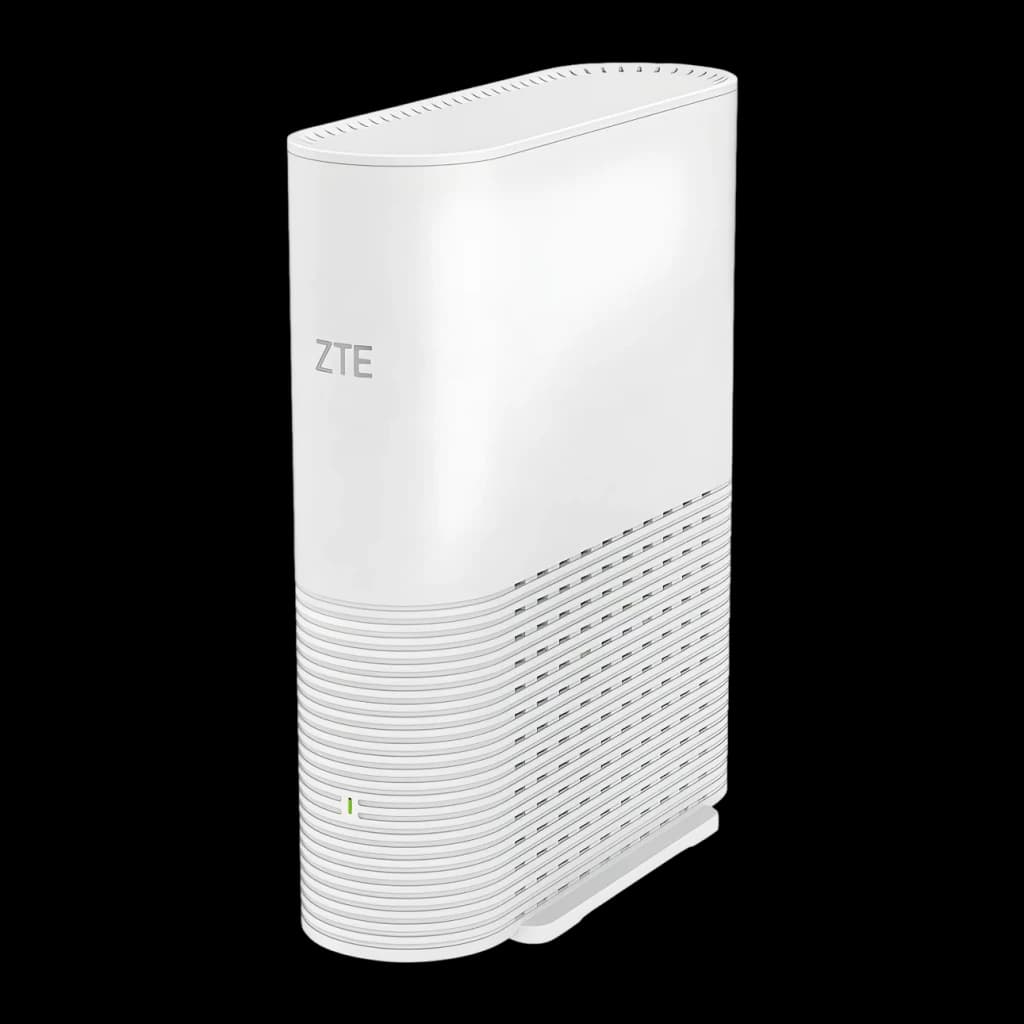 Router ZTE Z3460 Blanco WiFi 7 Triple Banda BE15000, vista lateral: rejillas de ventilación, logo ZTE y LED verde encendido
