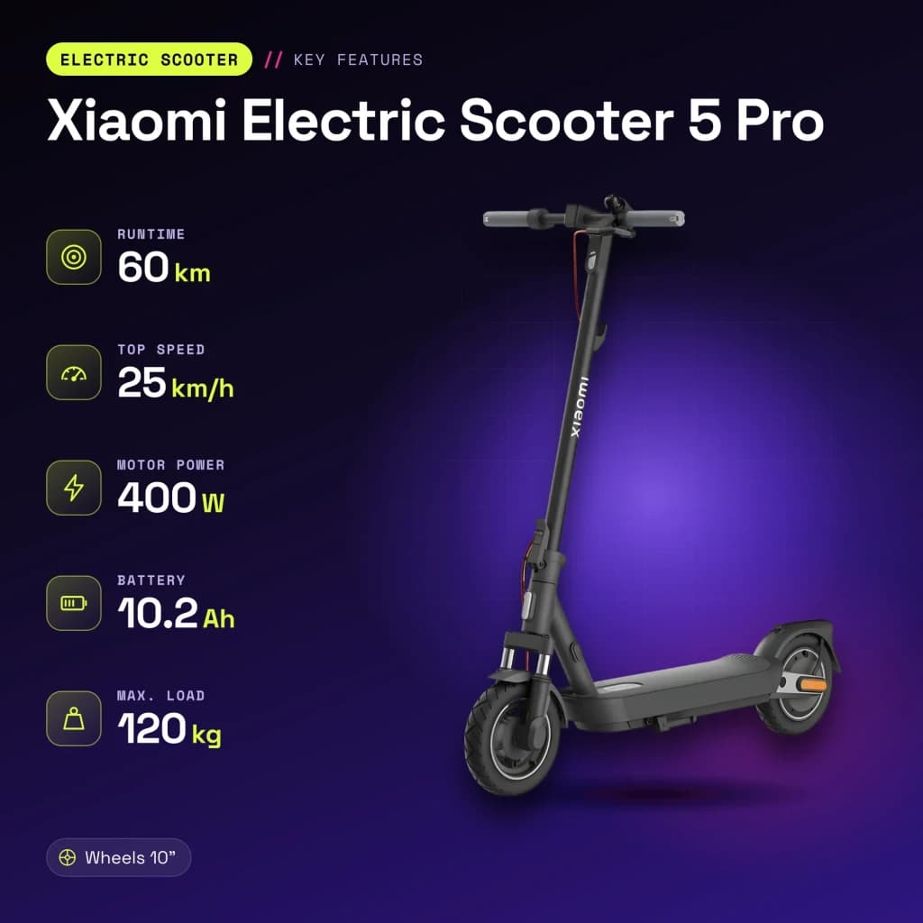 Trottinette Électrique Xiaomi Electric Scooter 5 Pro 400W 60km 25km/h 10 pouces Noir - caractéristiques