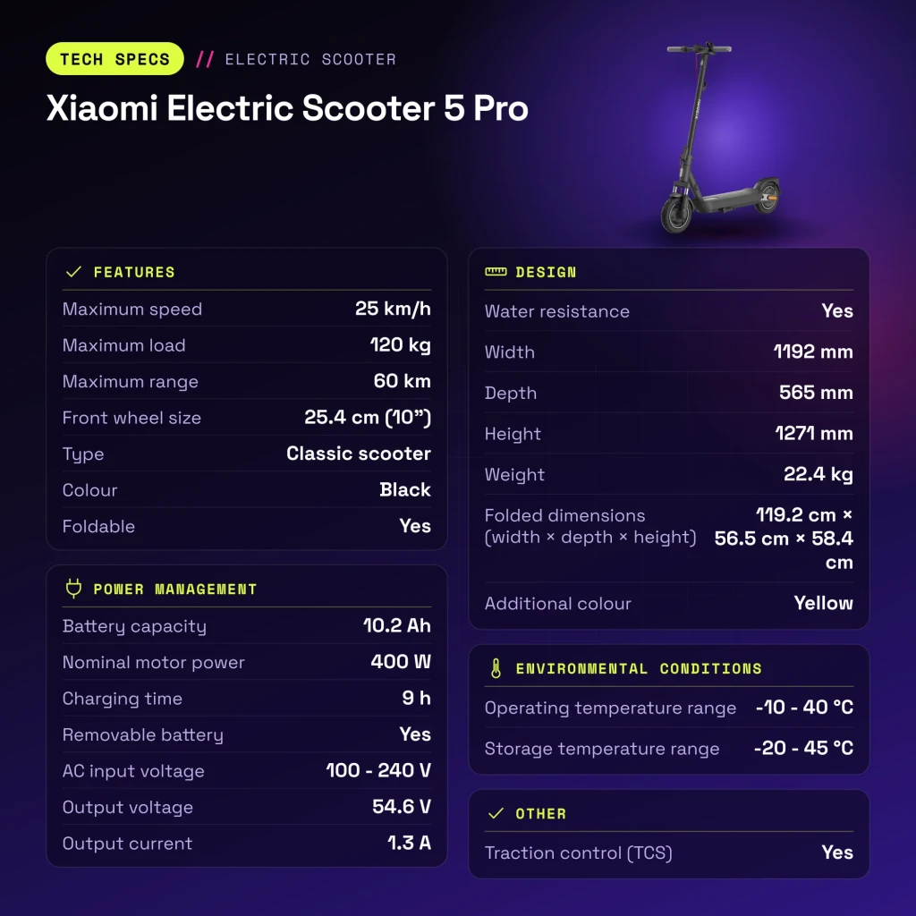 Trottinette Électrique Xiaomi Electric Scooter 5 Pro 400W 60km 25km/h 10 pouces Noir - caractéristiques