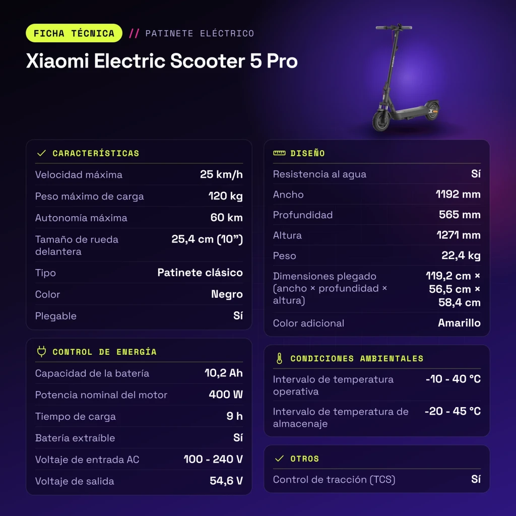 Trottinette Électrique Xiaomi Electric Scooter 5 Pro 400W 60km 25km/h 10 pouces Noir - caractéristiques