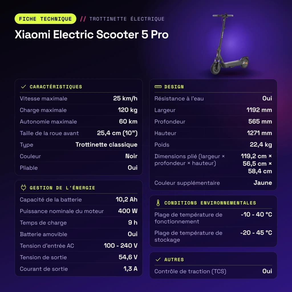 Trottinette Électrique Xiaomi Electric Scooter 5 Pro 400W 60km 25km/h 10 pouces Noir - caractéristiques