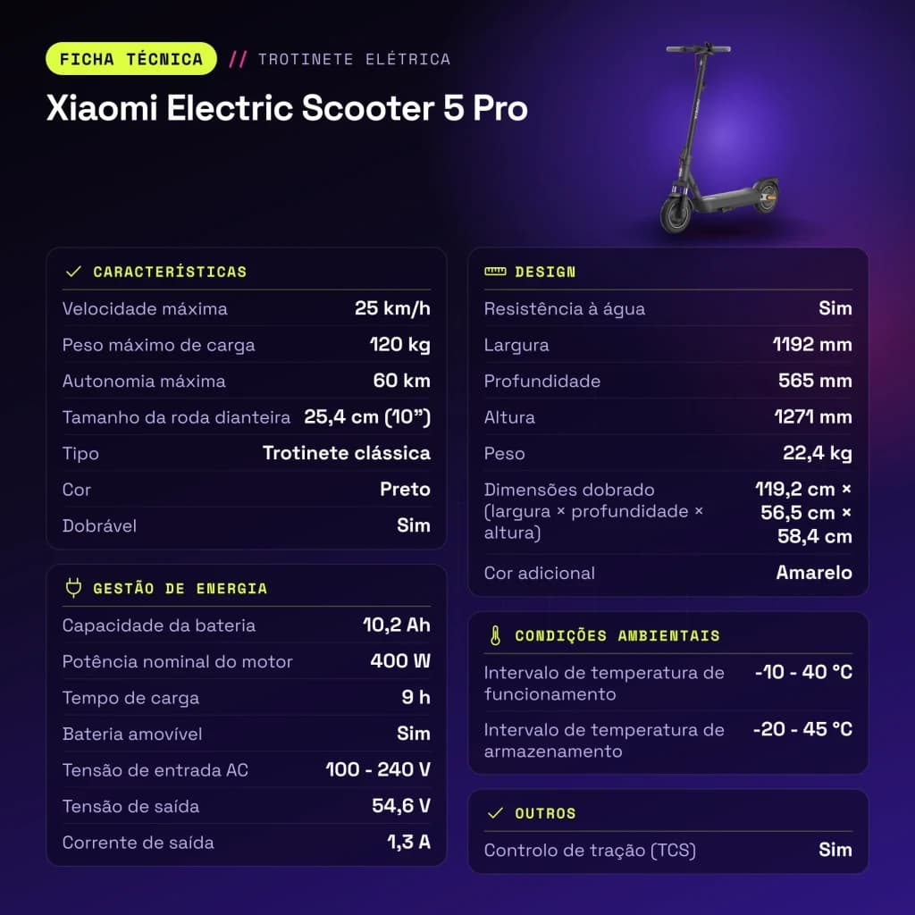 Trottinette Électrique Xiaomi Electric Scooter 5 Pro 400W 60km 25km/h 10 pouces Noir - caractéristiques