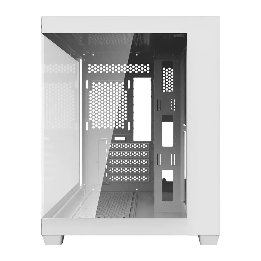 Boîtier PC Darkflash Verre Trempé M-ATX / ITX 370x285x440mm Blanc C285MP, détail: panneau vitré ouvert révélant les slots
