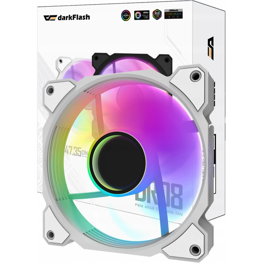 Ventilateur de boîtier Darkflash DR08 PWM ARGB 120mm 59,1 CFM 30 dBA Blanc, contenu de la boîte: ventilateur blanc