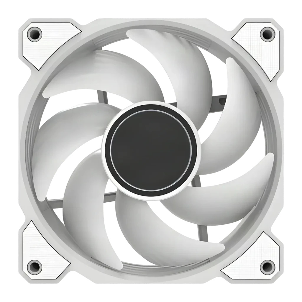 Ventilateur de boîtier Darkflash DR08 PWM ARGB 120mm 59,1 CFM 30 dBA Blanc, détail face avant: 7 pales courbées et moyeu