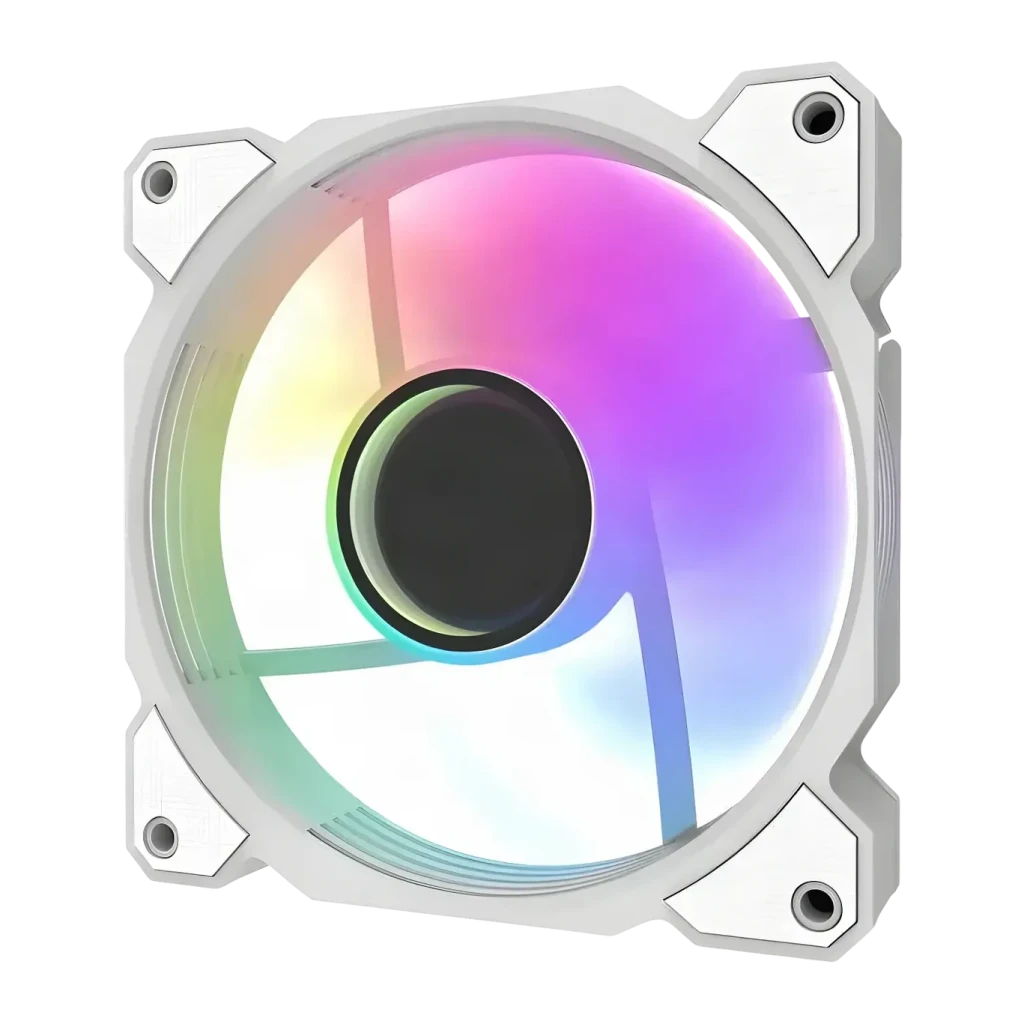 Ventilateur de boîtier Darkflash DR08 PWM ARGB 120mm 59,1 CFM 30 dBA Blanc, détail face avant: éclairage ARGB rose et bleu