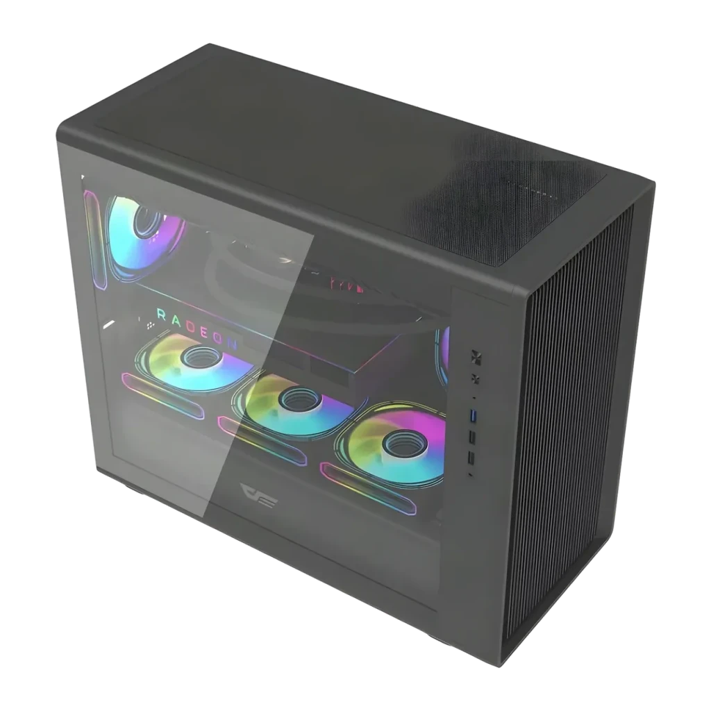 Caja PC Darkflash Cristal Templado M-ATX/ITX 360mm Negro DB460M, detalle: panel lateral de vidrio con 4 ventiladores ARGB