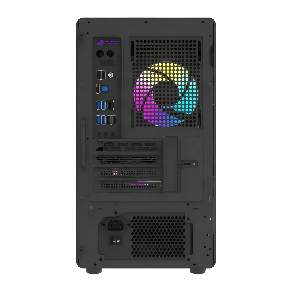 Caja PC Darkflash Cristal Templado M-ATX/ITX 360mm Negro DB460M, vista trasera: panel I/O con puertos USB, ranuras PCIe