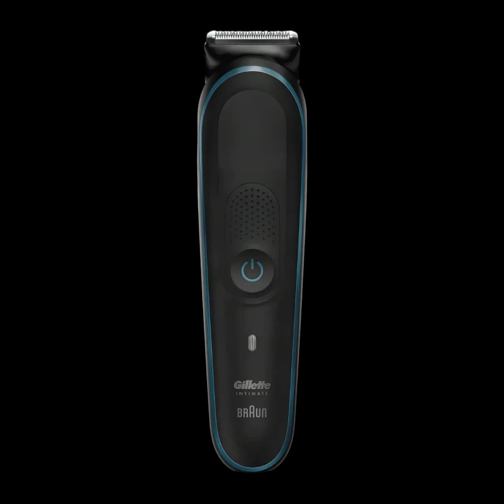 Tondeuse Gillette Intimate Trimmer i5 Sans fil 100min Noir, vue de face: corps noir avec liseré bleu, bouton d'alimentation