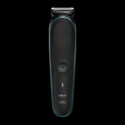Tondeuse Gillette Intimate Trimmer i5 Sans fil 100min Noir, vue de face: corps noir avec liseré bleu, bouton d'alimentation