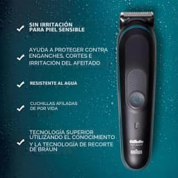 Tondeuse Gillette Intimate Trimmer i5 Sans fil 100min Noir, infographie: caractéristiques clés sur fond humide avec tondeuse