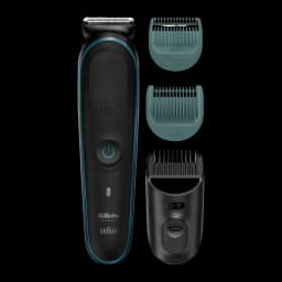 Tondeuse Gillette Intimate Trimmer i5 Sans fil 100min Noir, détail: tondeuse et 3 sabots body, sensitive et 3-11mm