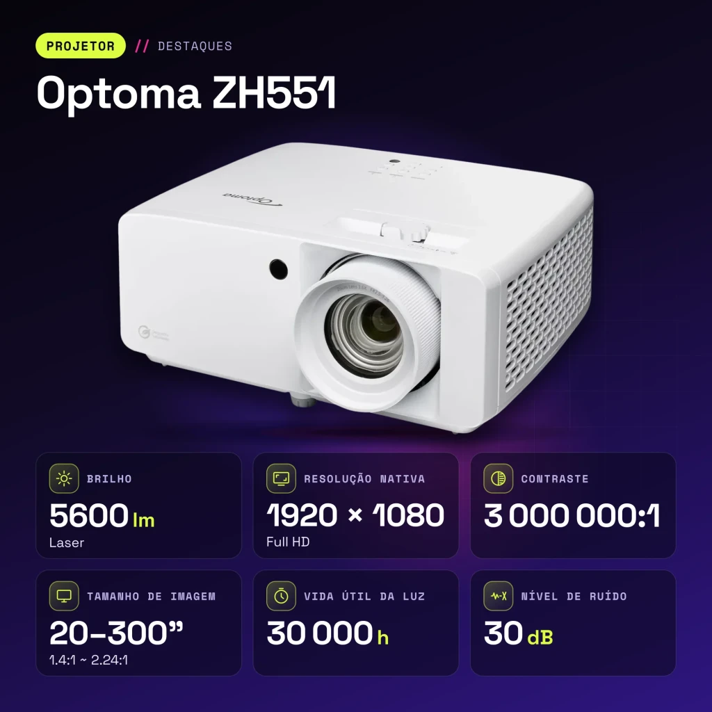 Projetor Optoma Laser Full HD 1080p 5600 Lúmens ANSI DLP Branco ZH551 - características