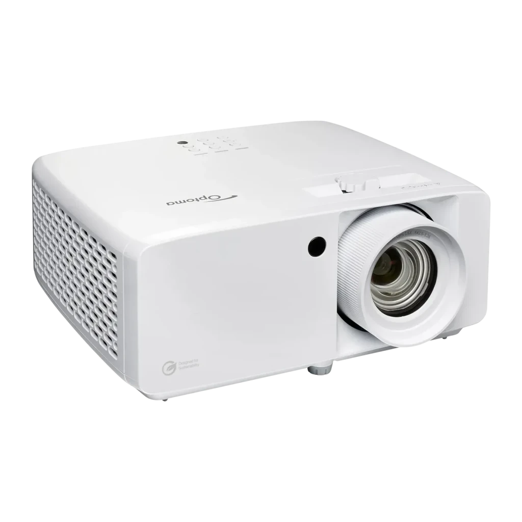 Projetor Optoma Laser Full HD 1080p 5600 Lúmens ANSI DLP Branco ZH551, detalhe: vista lateral com objetiva e grelha