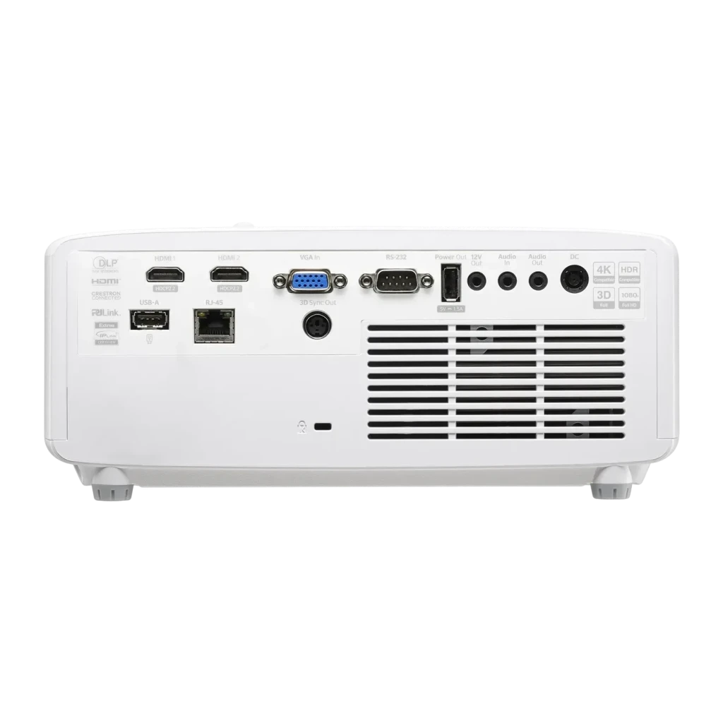 Projetor Optoma Laser Full HD 1080p 5600 Lúmens ANSI DLP Branco ZH551, vista traseira: portas HDMI, VGA, RS-232, USB, RJ-45