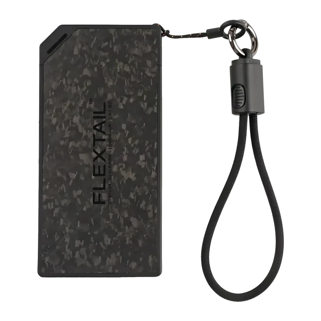 Flextail Zero Power 10000mAh Negro Cable USB-C integrado 22,5W, vista frontal: textura mármol negro, logo grabado y cordón