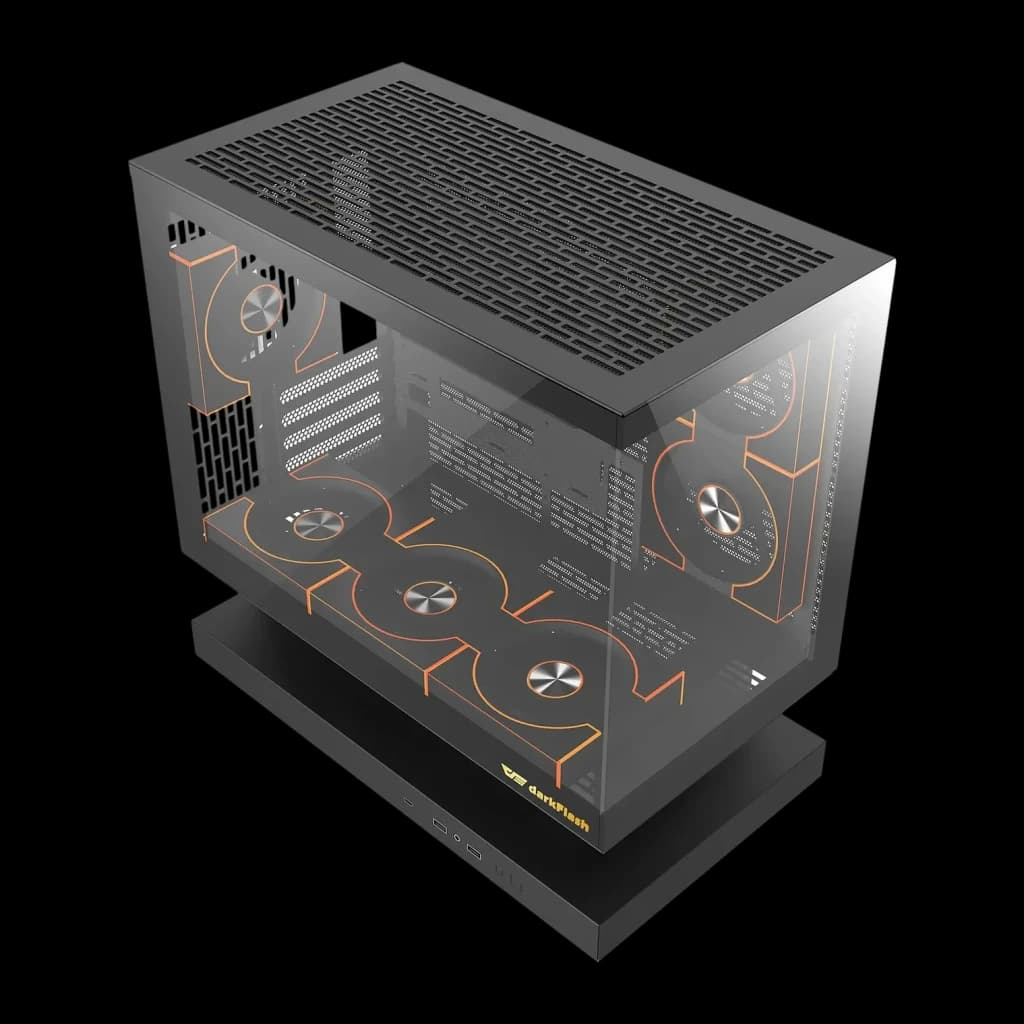 Caja PC Darkflash F1 Cristal Templado ATX/M-ATX/ITX Negro, detalle: interior con ventiladores y panel lateral de vidrio