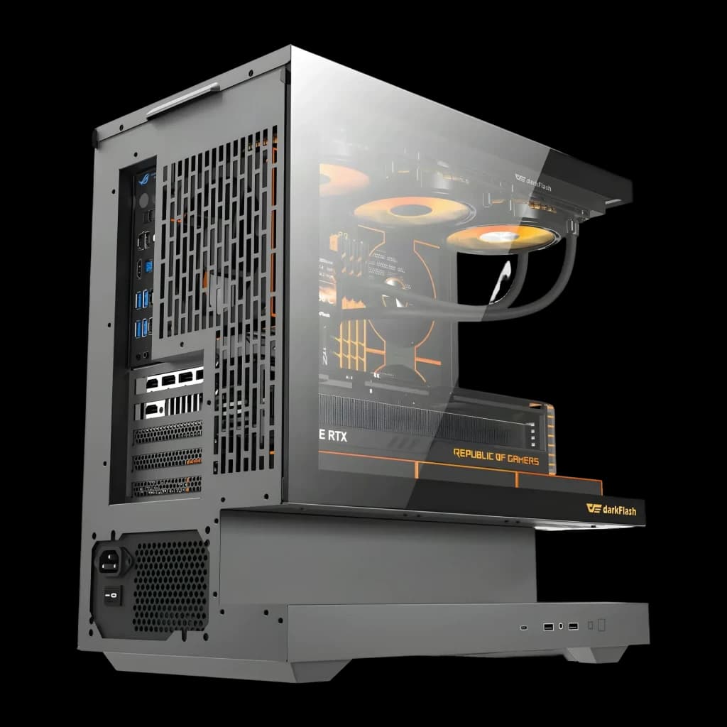 Caja PC Darkflash F1 Cristal Templado ATX/M-ATX/ITX Negro, vista trasera: panel I/O, ranuras PCIe, toma de corriente y panel