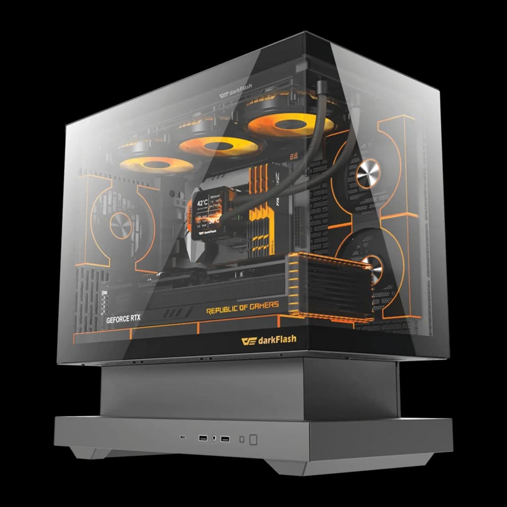 Caja PC Darkflash F1 Cristal Templado ATX/M-ATX/ITX Negro, en uso: vista lateral con PC montado, GPU RTX, refrigeración
