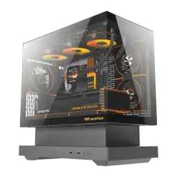 Caja PC Darkflash F1 Cristal Templado ATX/M-ATX/ITX Negro, en uso: vista lateral con PC montado, GPU RTX, refrigeración