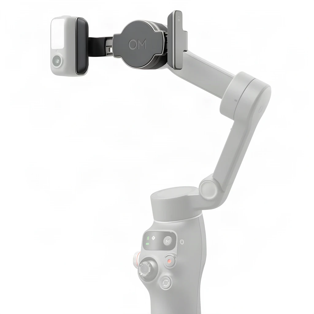 Soporte Magnético DJI para Smartphone Osmo Mobile 7 Gris 170–300 g, en uso: montado en gimbal Osmo Mobile 7 con cámara