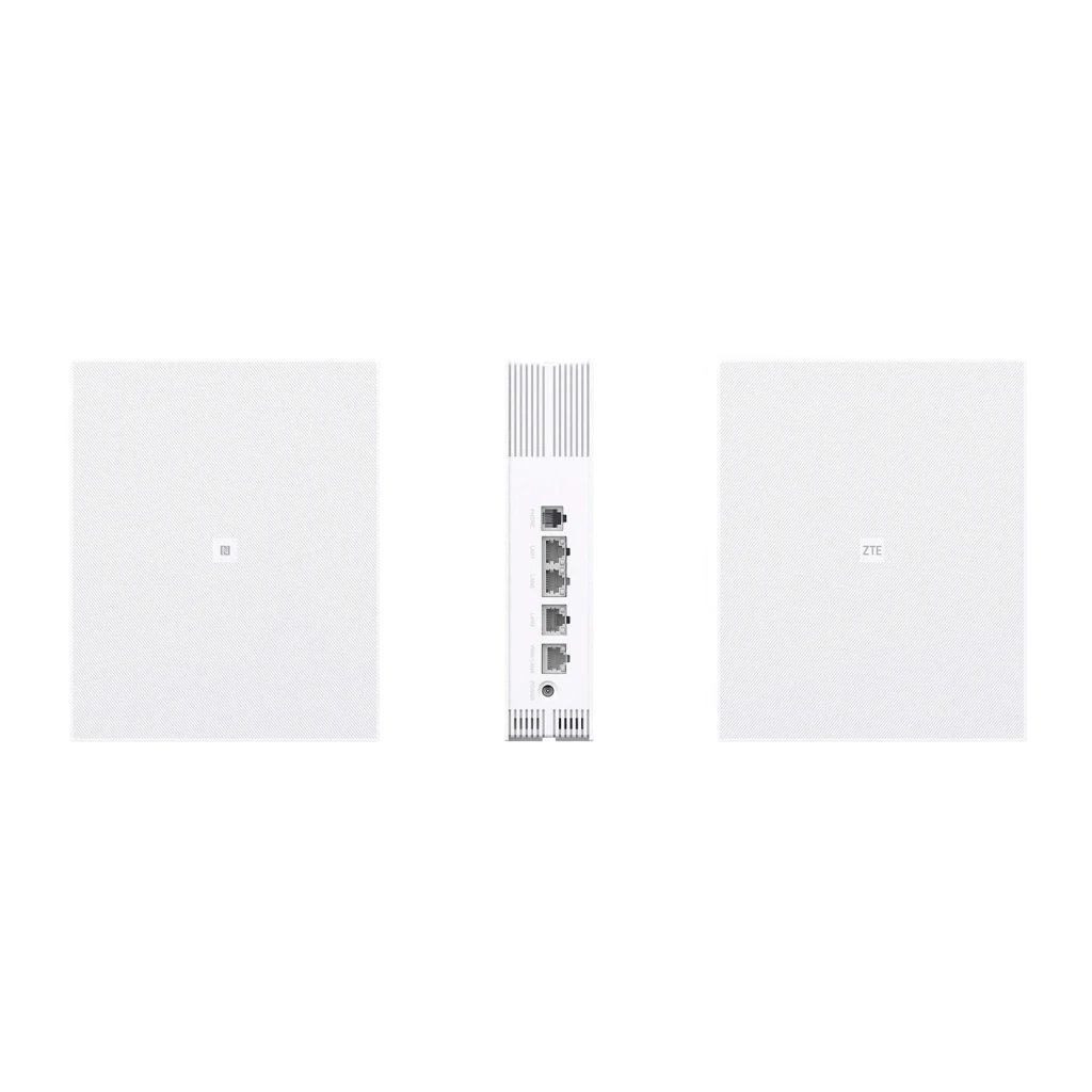 Routeur ZTE T5400 Noir Wi-Fi 6 AX3000 Double Bande, trois vues: avant, côté avec ports Ethernet et arrière avec logo ZTE